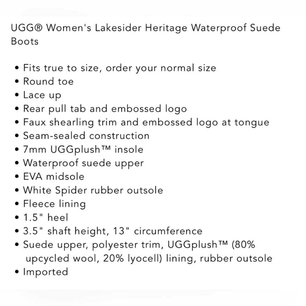 NIB UGG Women’s Lakesider Heritage Waterproof Suede Boots